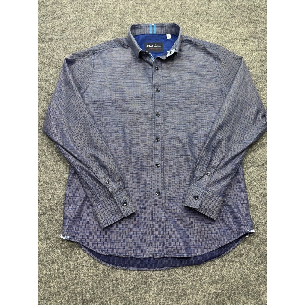 Robert Graham Mens Blue Grey Textured Long Sleeve Button Down Shirt Cotton L